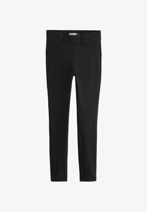 Zwarte broek van rekbaar materiaal, met een slim fit, vijf-pocket ontwerp en een gladde textuur met een eenvoudige tailleband.