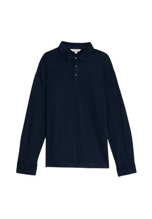 Camisa de polo de manga larga en azul marino, hecha de algodón, con cuello clásico, tapeta de tres botones y puños acanalados para un ajuste ceñido.