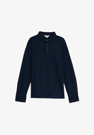 Polo-shirt à manches longues bleu marine en coton, avec un col classique, une patte de boutonnage à trois boutons et des poignets côtelés pour un look ajusté.