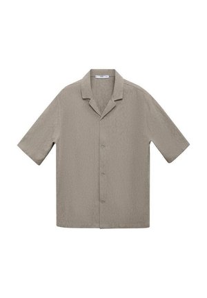 Kurzärmeliges, kragenloses Button-Up-Hemd aus hellgrauem Stoff mit einem dezenten Strukturmuster und einer lässigen Passform. Vier vordere Knöpfe sind sichtbar.
