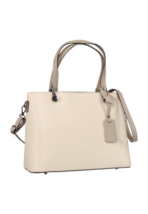 Beige leather handbag with double handles, detachable shoulder strap, and a small attached tag on a white background.
