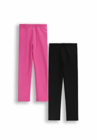 Dwie pary legginsów: jedna w jasnoróżowym kolorze, a druga w jednolitym czarnym, obie wykonane z miękkiego, elastycznego materiału z elastycznym pasem. 