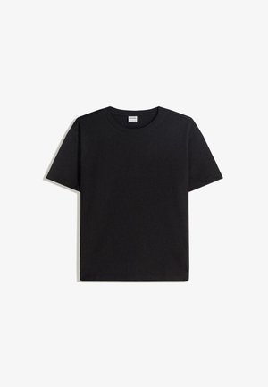 Black crew-neck t-shirt made of cotton with short sleeves. Features a relaxed fit and no patterns or accents, offering a smooth texture.