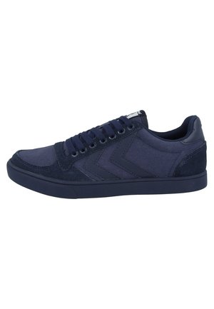 Navy blue low-top sneaker with lace-up closure, fabric and suede panels, and a rubber sole, shown in side profile on white background.