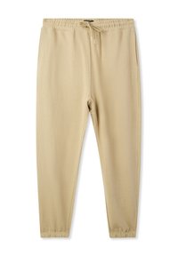 Pantaloni della tuta beige con vita elasticizzata, lacci regolabili e caviglie a costine. Tessuto liscio con tasche laterali per funzionalità.