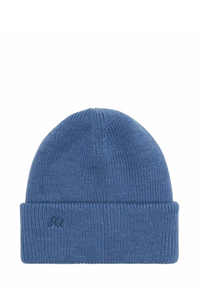 Kootud sinine beanie ribatud tekstuuri ja volditud äärisega. Ees on väike brodeeritud logo.