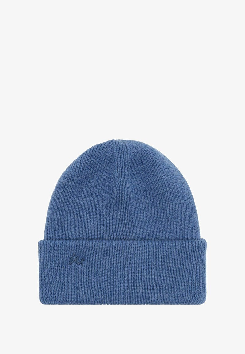 Strickmütze in Blau mit gerippter Textur und umgeschlagenem Saum. Mit einem kleinen gestickten Logo auf der Vorderseite.