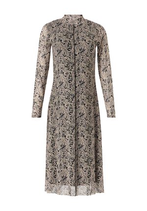 Abito a maniche lunghe realizzato in materiale leggero, con una base beige e un motivo astratto nero, dalla silhouette dritta.