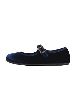 Zapato plano Mary Jane de terciopelo azul marino con una correa con hebilla dorada y suela negra, mostrado de perfil sobre fondo blanco.