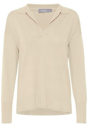 Beige színű, hosszú ujjú pulóver V nyakkivágással és galléros dizájnnal. Puha kötött anyag, laza szabású, ribbelt mandzsettákkal.