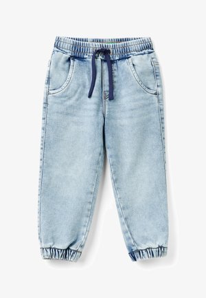 Lichtblauwe denim joggers met een elastische tailleband, trekkoord, twee zijzakken en elastische manchetten bij de enkels. Glad textuur.