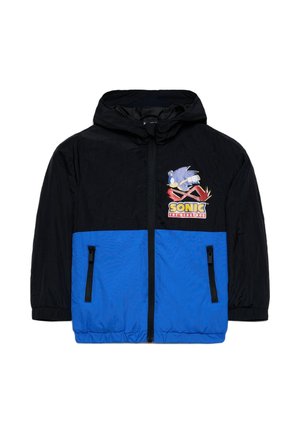 Veste noire et bleue avec fermeture éclair et capuche, deux poches avant zippées et un graphique de Sonic the Hedgehog sur la poitrine gauche.