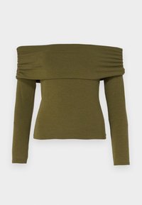 Olivengrønn off-shoulder langermet topp med ruching-detaljer, laget av mykt stoff, med en tilpasset silhuett og rett kant.