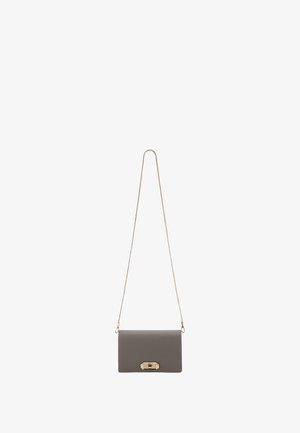 Gray leather crossbody bag with a gold-tone clasp, rectangular shape, and chain strap. Smooth texture and minimalistic design.