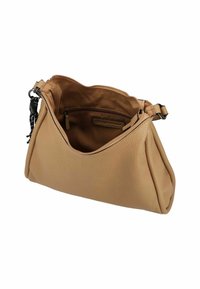 Tan leather handbag with a textured surface, curved shape, and adjustable strap. Interior shows a zippered pocket and smooth lining.