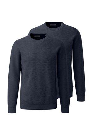 To ensfarvede mørkeblå, langærmede crew neck sweaters vist på en hvid baggrund.