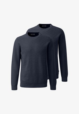 To ensfarvede mørkeblå, langærmede crew neck sweaters vist på en hvid baggrund.