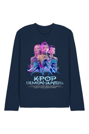 Navy long-sleeve shirt featuring three animated female characters and three action poses with glowing weapons, titled "K-Pop Demon Hunters."