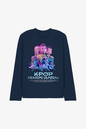 Navy long-sleeve shirt featuring three animated female characters and three action poses with glowing weapons, titled "K-Pop Demon Hunters."