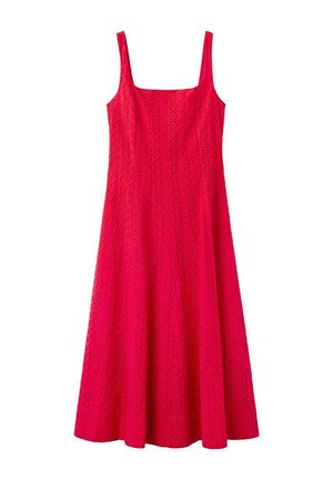 Vestido midi rojo sin mangas con escote cuadrado y patrón de ojales en toda la tela.