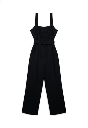 Black sleeveless jumpsuit with wide legs, button front, and a matching belt with round buckle at the waist.
