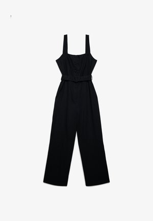 Black sleeveless jumpsuit with wide legs, button front, and a matching belt with round buckle at the waist.