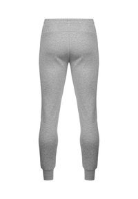 Grå sweatpants med elastisk midja och åtsittande muddar, gjorda av mjukt material, med en slät yta och inga synliga mönster.