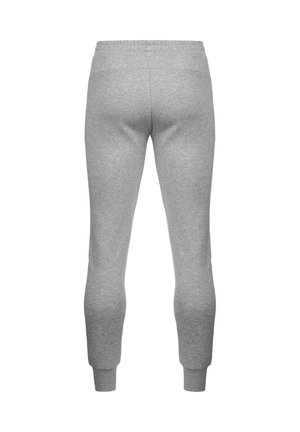 Pantaloni de trening gri, cu talie elastică și manșete ajustate, confectionați dintr-un material moale, având o textură netedă și fără modele vizibile.