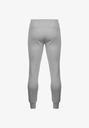 Graue Sweatpants mit einem elastischen Bund und engen Bündchen, aus weichem Stoff gefertigt, mit einer glatten Textur und ohne sichtbare Muster.