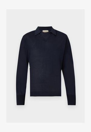 Maglione blu navy a maniche lunghe con collo a V e polsini a coste, mostrato su uno sfondo piatto grigio chiaro.