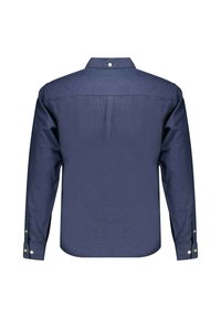 Navyblauwe langemouwenshirt, met een geplooide kraag, van gewone stof met een gladde textuur. Bevat een schuine naad en knoopaccenten op de mouwen.