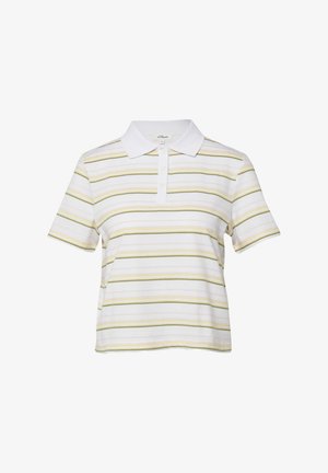 Biała koszulka polo z krótkim rękawem z poziomymi jasnooliwkowymi i beżowymi paskami oraz białym kołnierzem zapinanym na guziki.