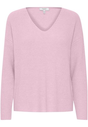 Lyserød strikket sweater med lange ærmer, v-hals, ribbet tekstur og en afslappet pasform. Har brede ærmer og en lige foran.