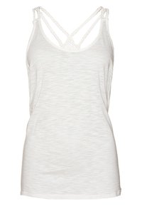 Camiseta sin mangas blanca con tirantes dobles trenzados que se cruzan en la espalda y un sutil patrón texturizado en la tela.