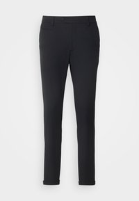 Pantalon noir slim-fit avec fermeture bouton et zip, passants de ceinture, poches latérales avant et ourlets retroussés sur fond blanc.