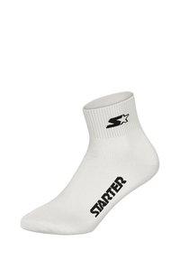 Weißer Knöchelsocken aus einem dehnbaren Material. Verfügt über einen gerippten Bund und ein schwarzes "STARTER"-Logo an der Seite, mit einer glatten Textur.