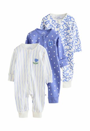 Tre babyheldragter med lange ærmer, en i hvid med blå lodrette striber og blomst, en blå med hvide polkaprikker og blomsterapplikation, og en hvid med blåt blomsterprint.