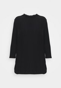 Černý top s kulatým výstřihem, volánkovými detaily a rukávy do tří čtvrtin. Hladká textura a volný střih, navržený pro pohodlí a všestrannost.