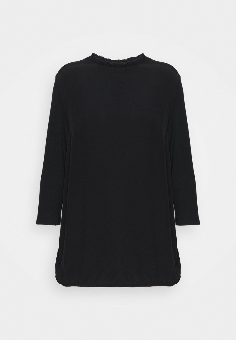 Černý top s kulatým výstřihem, volánkovými detaily a rukávy do tří čtvrtin. Hladká textura a volný střih, navržený pro pohodlí a všestrannost.