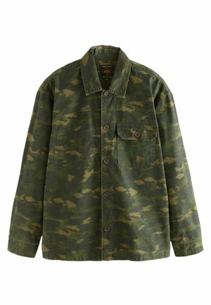 Green and brown camouflage button-up jacket with long sleeves, collared neckline, and a single buttoned chest pocket on the left side.