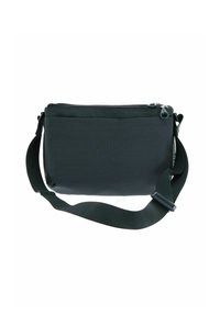 Borsa a tracolla nera in tessuto con chiusura con zip, tracolla regolabile e tasca frontale per ulteriore spazio di archiviazione.