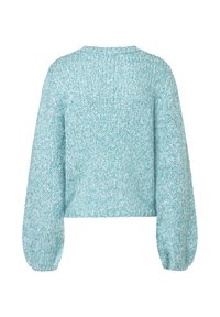 Weicher, hellblauer Strickpullover mit langen Puffärmeln und Rundhalsausschnitt, von hinten auf einem weißen Hintergrund gezeigt.