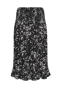 Fustă neagră cu model floral alb, talie elastică și tiv volanat. Fabricată din material ușor, potrivită pentru îmbrăcăminte casual.