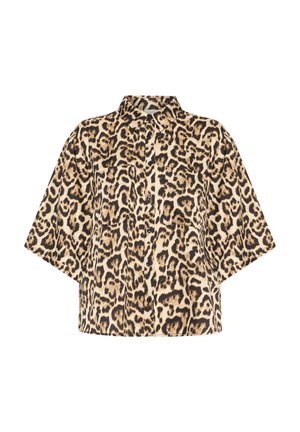 Košile s krátkým rukávem v leopardím vzoru, s límečkem, zapínáním na knoflíky a volným střihem. Obsahuje texturovanou látku s černými a hnědými akcenty.