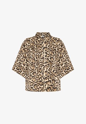 Leopardimusteriga lühikeste varrukatega särk, millel on krae, nööpide jaotusega ees ja lahtine lõige. Omab tekstuurset kangast mustade ja pruunide aktsentidega.