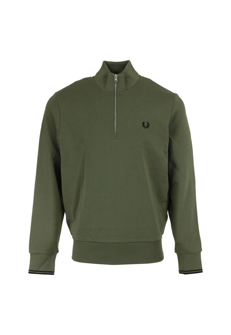 Sudadera verde oliva con cuello de cremallera hasta un cuarto, puños y dobladillo acanalados, que presenta un logo negro en el pecho y una textura de tela suave.