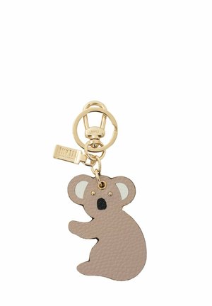 Portachiavi con ciondolo koala in pelle beige e anello e moschettone in metallo dorato, incluso un piccolo tag dorato con testo inciso.