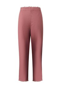 Rose-colored straight-leg pants with raw frayed edges at the waistband and hem, shown from the back on a white background.