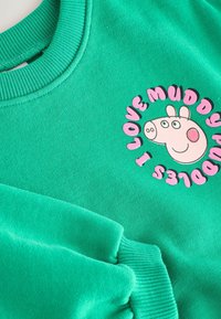 Felpa verde con colletto e polsini a costine. Presenta una grafica circolare rosa con il volto di un maiale e il testo "Amo le pozzanghere fangose".