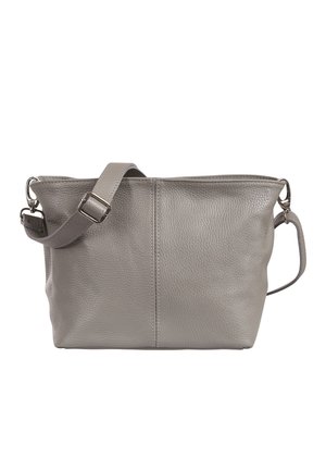 Grijze leren crossbodytas met verstelbare band en zilverkleurige metalen hardware, eenvoudig ontwerp en verticale stiksels in het midden aan de voorkant.